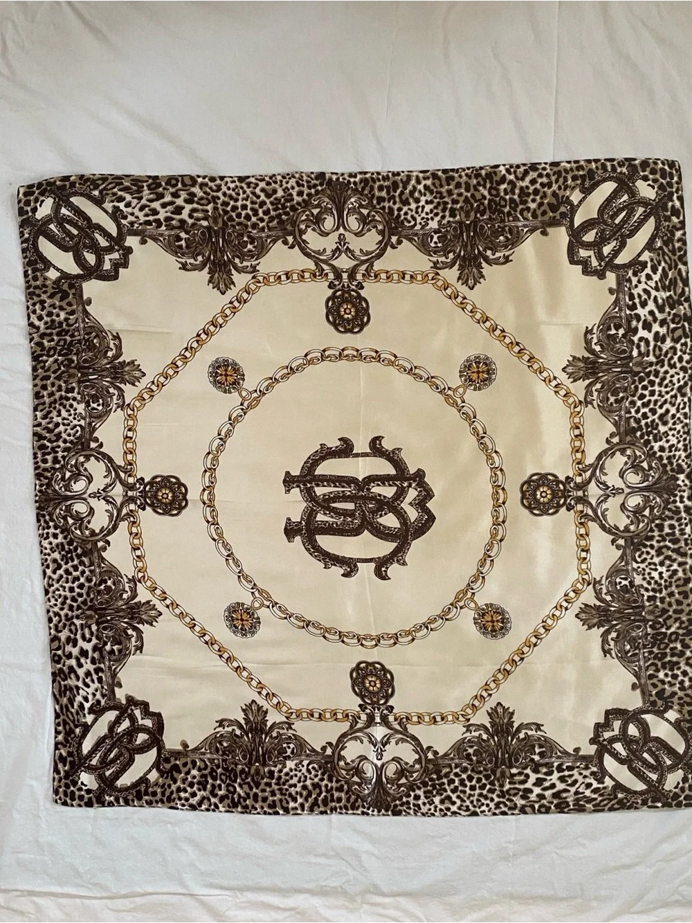 Cream Brown Gold Chain Medallion Print Scarf Wrap Top